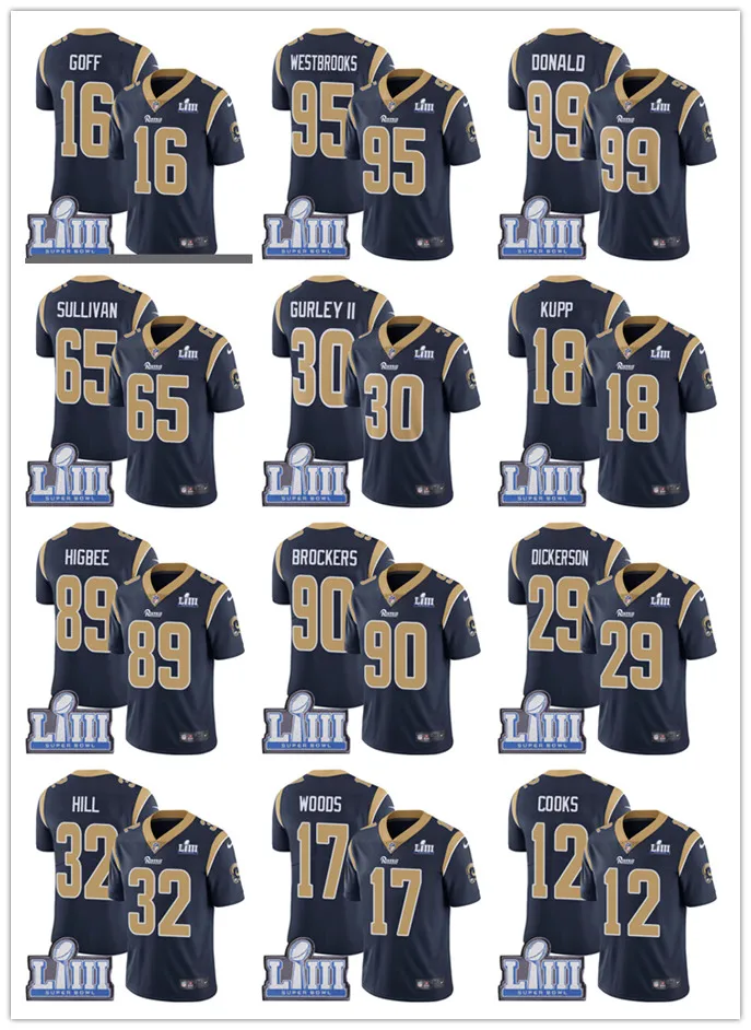 Супер Rams Bowl Лос-Анжелес Джерси 16 Джаред Гофф 30 Тодд Герли II 99 Аарон Дональд все Прошитые американские футбольные майки