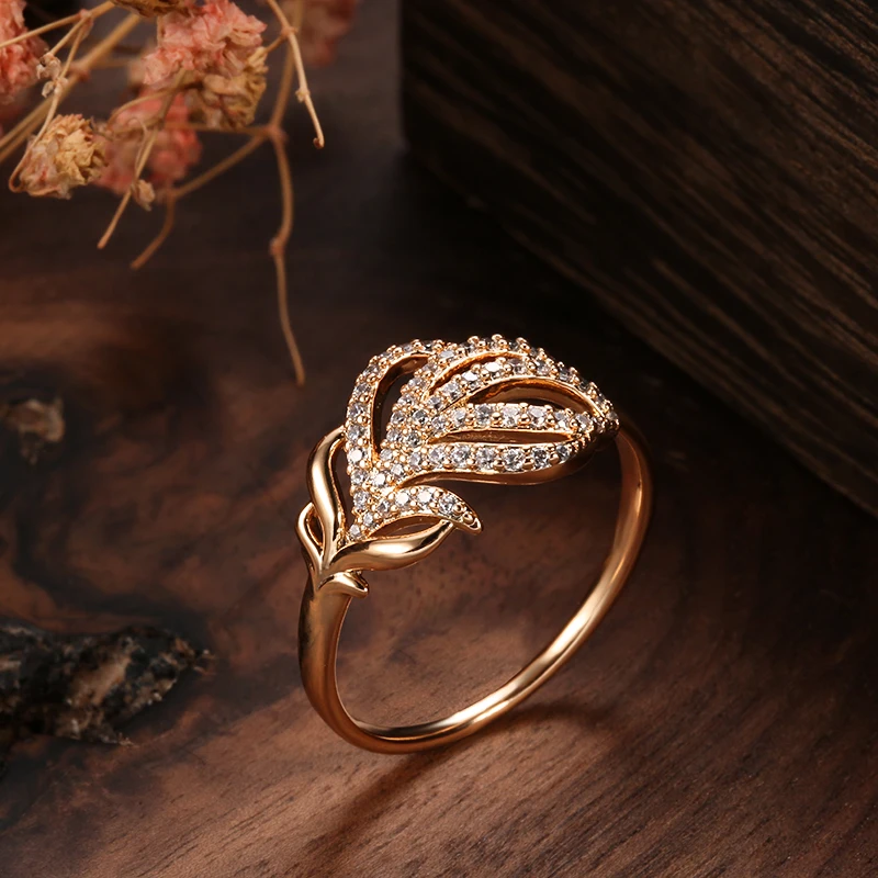 Kinel Hot 585 Rose Gold Crystal Flower Ring Fashion Natural Zircon Vintage Ring for Women Gift Daily Fine Jewelry