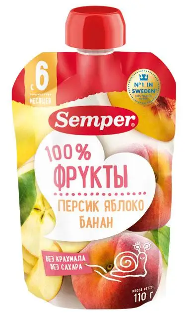 Semper фруктовое пюре персик яблоко банан 110г по 12шт|Пюре с фруктами| |