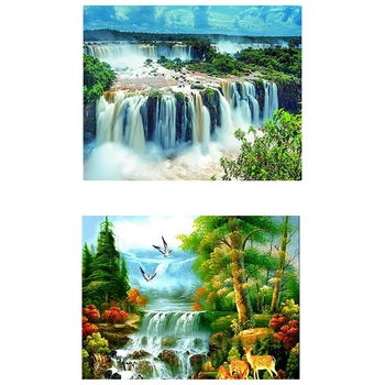 

2 Set 5D Diamond Painting Embroidery Rhinestone Needlework Handmade Kit - Egret Waterfall Pattern & Waterfall Landscape