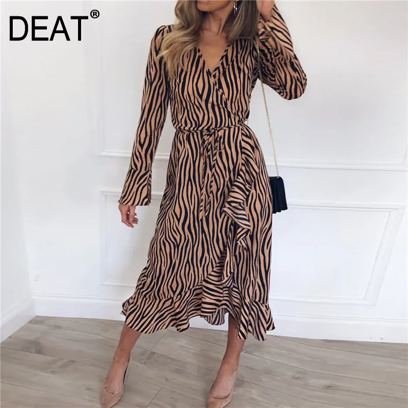 

DEAT 2019 Casual Summer Long Dress Women Zebra Print Long Flare Sleeve V Neck Beach Chiffon Dresses Robe Femme Longue NA775