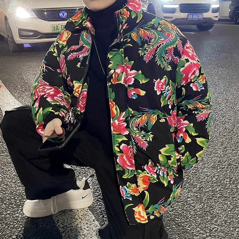 

Winter Warm Chinese Style Flowers Cotton Padded Large Size Red Green Coats Blue Dragon Jackets Mens Fashion Ethno Clothing 2022