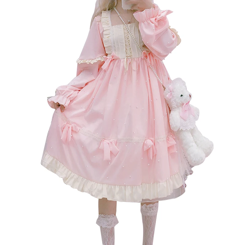 Women Ruffles Bow Lolita Dress Japanese Style Kawaii Girls Sweet Princess Fairy Vintage Mesh Cute Dresses Pink Blue | Женская одежда