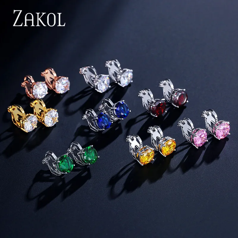 ZAKOL Top Quality Cubic Zirconia Round Clip Earrings for Women Fashion CZ Crystal Female Wedding Party Gift Jewelry FSEP526