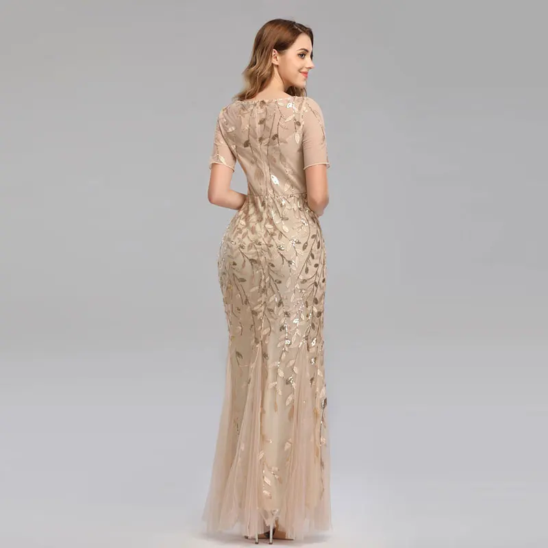 Beauty Emily O Neck Sequins Long Appliques Evening Dresses Short Sleeve Tiered Hems Prom Gowns Pleated Vestido de noche