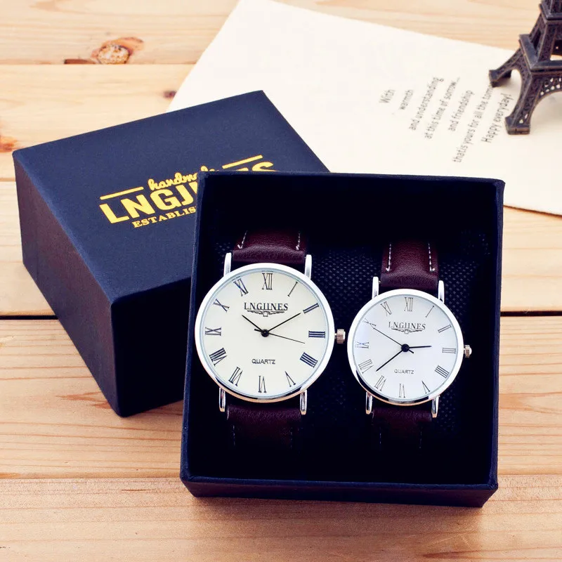 two watch plus box Тапочки для влюбленных; Повседневное простые кварцевые часы подарок фирменного дизайна Для женщин Для мужчин кварцевые часы наручные часы с кожаным ремешком часы Женское платье аксессуары - Цвет: two watch plus box