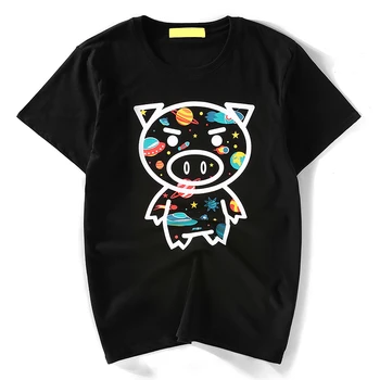 

2019 Summer Harajuku Cartoon pig UFO Rocket Printing T-Shirt Short Sleeve Unisex Women Femme Loose T Shirt Casual Men Tops Tees