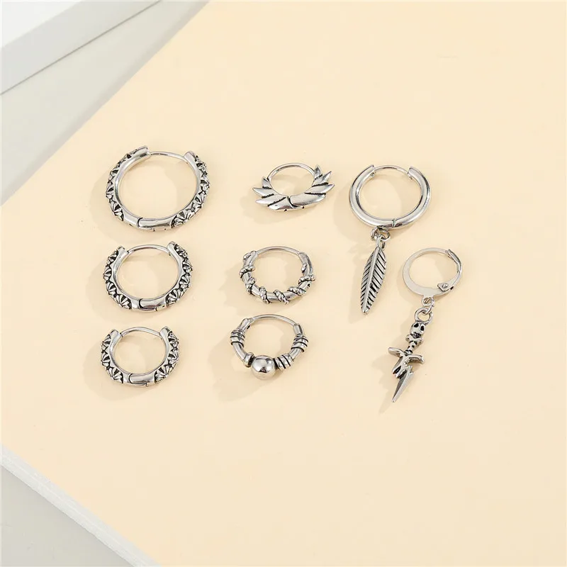 1PC Punk Gothic Feather Skeleton Lightning Earrings For Men Women Vintage Stainless Steel Winding Bead Hoop Ear Stud | Украшения и