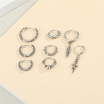 

1PC Punk Gothic Feather Skeleton Lightning Earrings For Men Women Vintage Stainless Steel Winding Bead Hoop Earrings Ear Stud
