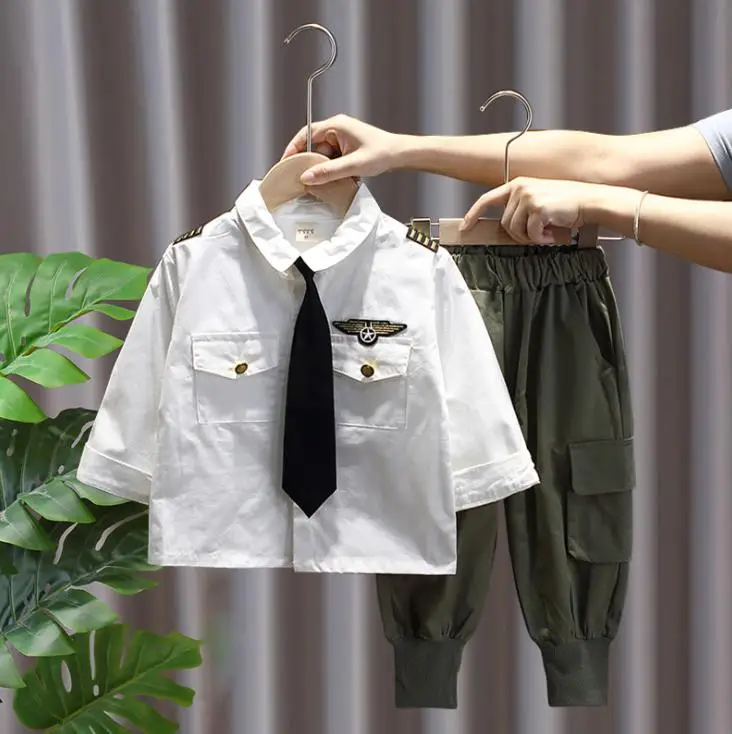 

2021 Gentleman Kids Boys Pilot Uniform Set Design Shirts+pant 2pcs/set Clothing Set Little Boy Aircraft Captain Outfits Handsome