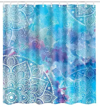 

Mandala Shower Curtain Blue, Watercolor Paisley Floral Retro Tribe Ombre Art Print Bohemian Polyester Waterproof Fabric Bathroom
