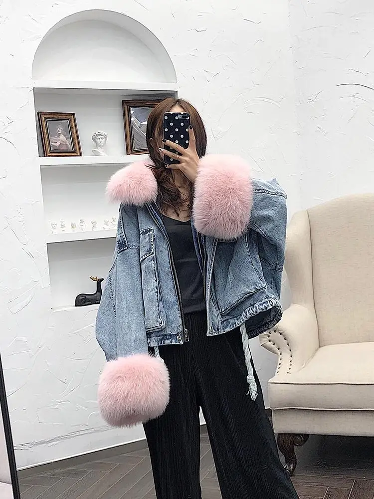 ZITY 2020 Denim Parka Women Winter Jacket Real Fox