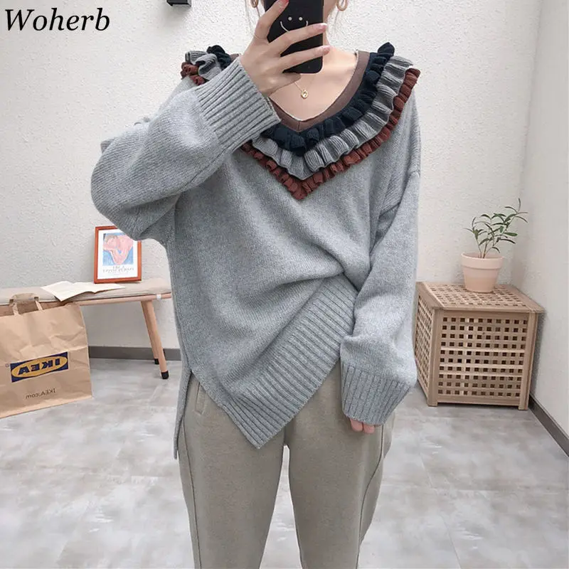 Woherb винтажный свитер для женщин с оборками и v-образным вырезом, пуловеры с длинными рукавами Harajuku, повседневное вязаное Свободное Топы, модные новые Джемперы 90903