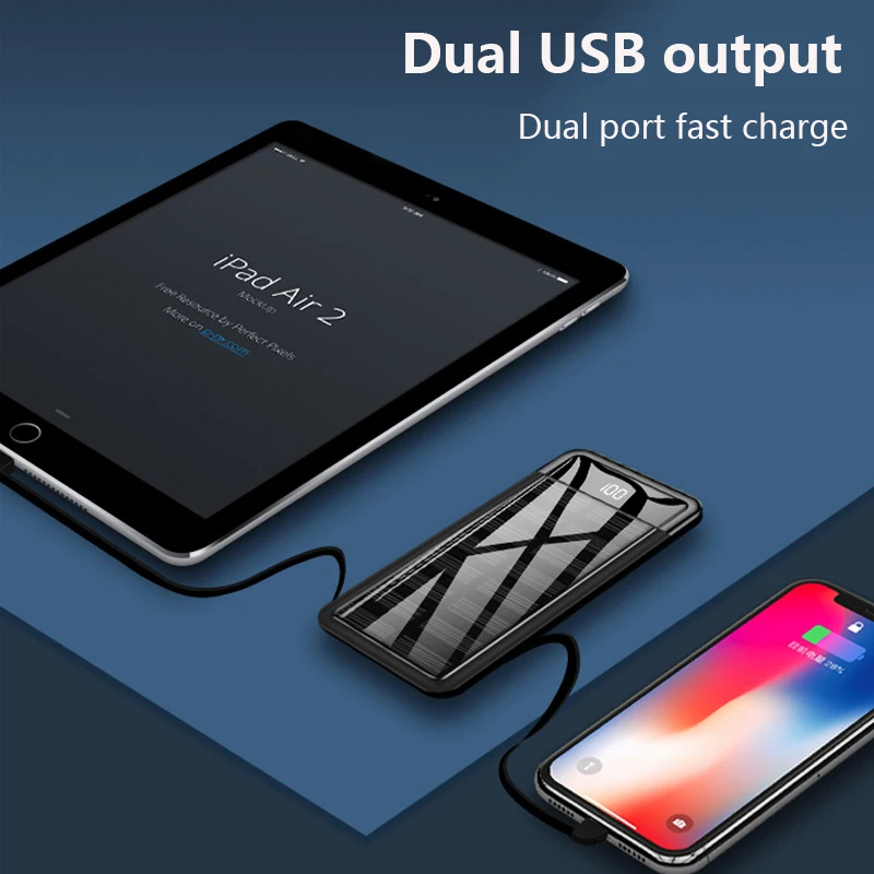 Внешний аккумулятор на солнечной батарее, 20000 мА/ч, двойной USB, зеркальный внешний аккумулятор, солнечное зарядное устройство, внешняя батарея, Встроенный кабель для xiaomi, HUAWEI, iphone