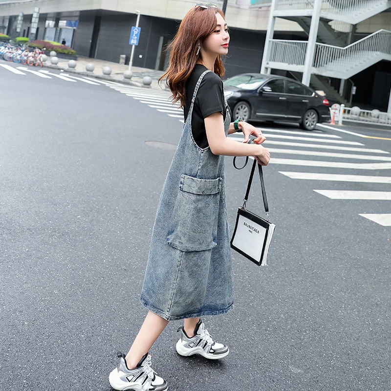

2020 Spring Summer New Style Korean-style Students Loose Cowboy Strap Dress Mori Girl Line Strapped Dress Large-sized Skirt