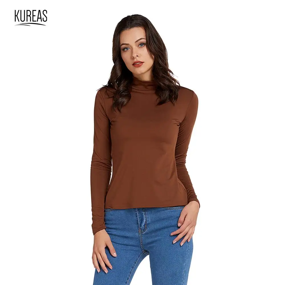 

Kureas Women Knitted T Shirt Turtleneck Casual Tops Autumn Winter Warm Long Sleeve Female T-Shirts Slim Fit