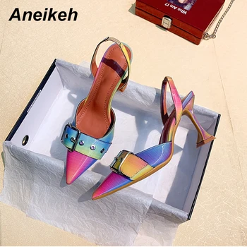 

Aneikeh NEW Iridescent color Fashion Pointed end Pumps Women Party Shoes Buckle High Heels Summer Slingback Pumps Size 34-42
