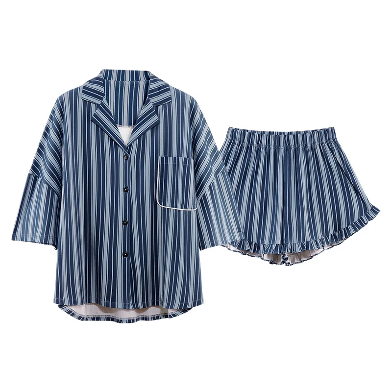 Women Satin Silk Pajama Sets Cute Cartoon Sleepwear Womens Homewear Stripe Floral Print Short Sleeve Top and Shorts Pyjamas