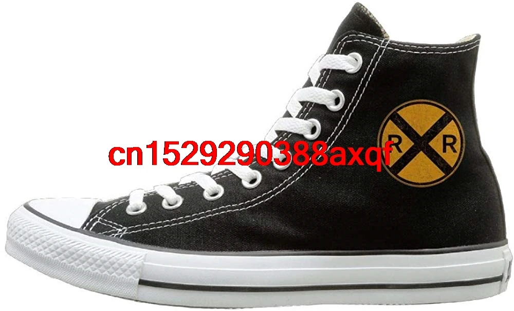 

Unisex Painted High Top Lace Up Canvas Shoe,Vintage Style Railroad Crossing Round Metal Sign Trainers Sneaker For Boys Girls