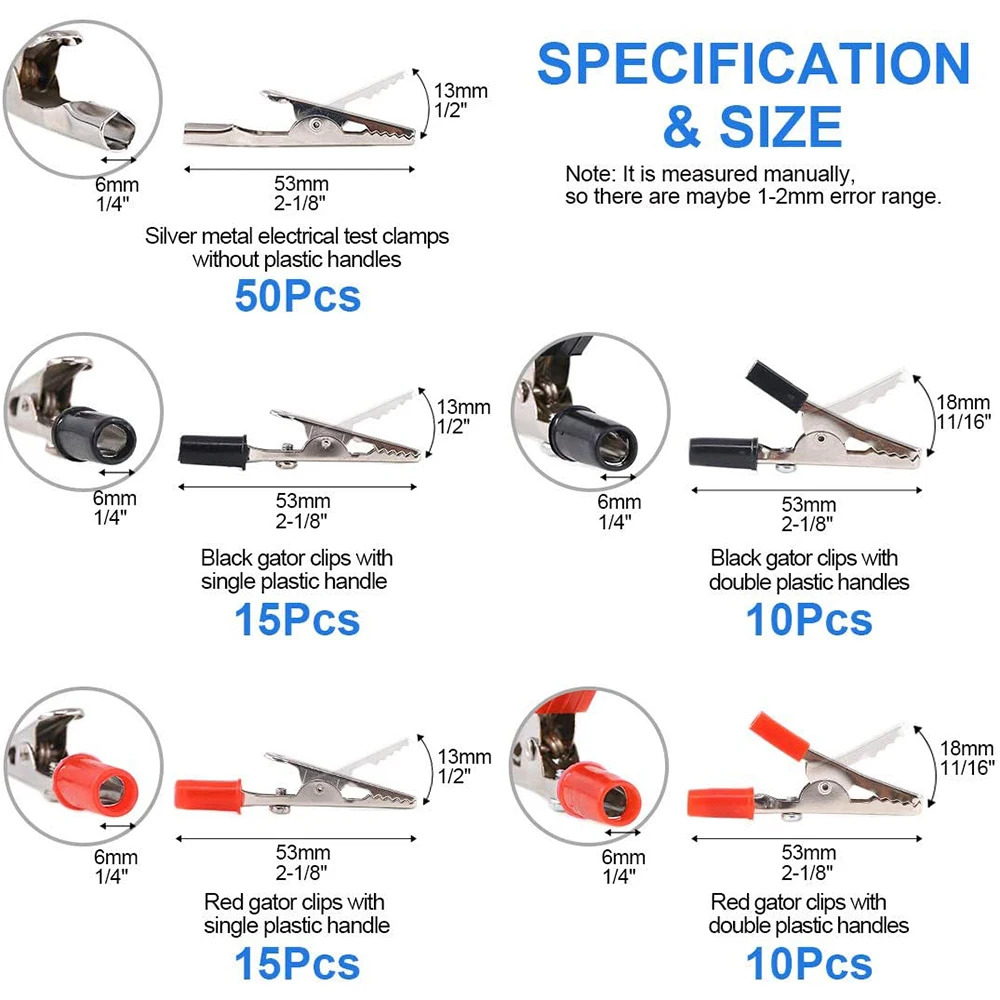 Alligator Clips Test Probes 100pcs/box 50mm Plastic Test Probe Metal Alligator Clip Connector Battery Socket Clip Three Sizes