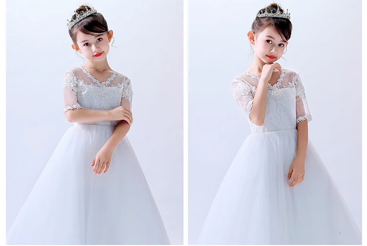 Белые платья принцессы с цветочным узором для девочек на свадьбу, бальное платье с v-образным вырезом, Длинные фатиновые платья для первого