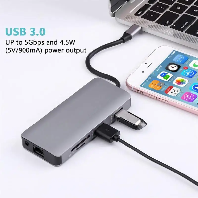 9 в 1 USB-C type C концентратор до 4K HDMI 3,5 мм аудио VGA RJ45 Lan адаптер SD TF кардридер USB 3,0 концентратор для MacBook samsung Galaxy S9