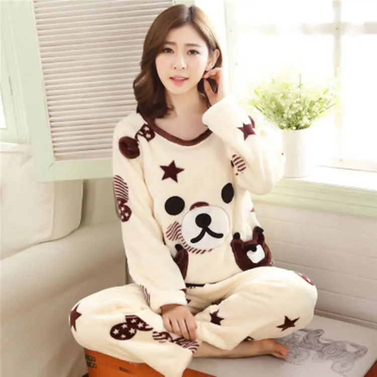 Sleepwear women winter Pajama Sets for Female Soft Thick Cute Cartoon Flannel Sleepwear Tops+Warm Pants Home Clothes Mujer 2pcs