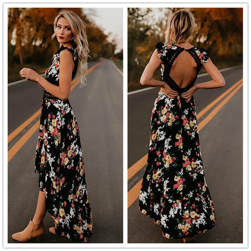 

Summer Boho Long Dress Irregular Swallowtail Party Night Dress Lace Hollow Backless Sweet Flower Soft Casual Robe Femme Vestidos