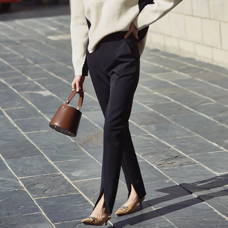 AEL Spring New Ladies Black Pencil Pants bottom split Casual Pants Simple slim Elastic long Trousers For Women AEL Spring New Ladies Black Pencil Pants bottom split Casual Pants Simple slim Elastic long Trousers For Women