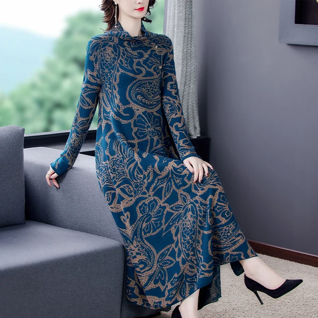 Blue Print 3XL Plus Size Turtleneck Wool Sweater Dress 2020 Autumn Winter Vintage Casual Knitted Sweaters Elegant Women Vestido As Picture