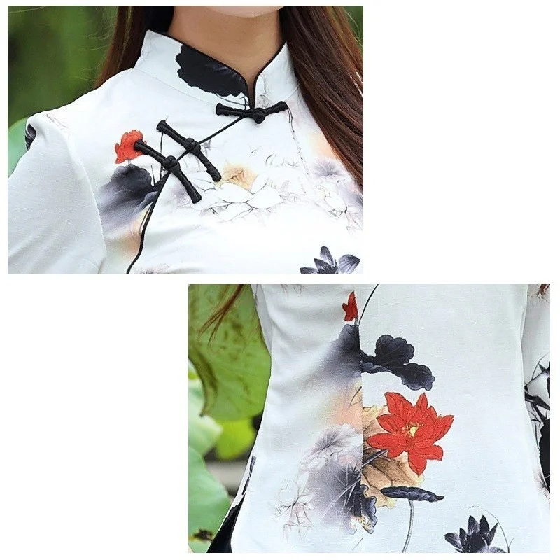 Woman Plus Size Chinese Style Shirts Top Folk Seven-Sleeve Improvement Cheongsam Qipao Tops Cotton Ink Painting Vintage Clothing