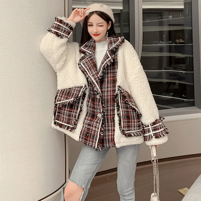 

2019 Winter New Style Korean-style Suit Collar Joint Lambs Wool Loose-Fit Short Thick Quilted Coat Tops Women's