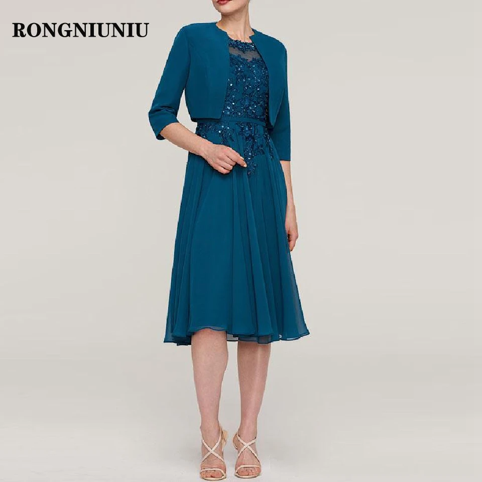 Turquoise Blue Платья для матери невесты бирюзового и голубого цвета на свадьбу с жакетом Вечерние Платья До Колена Vestidos De Novia - Цвет: Turquoise Blue