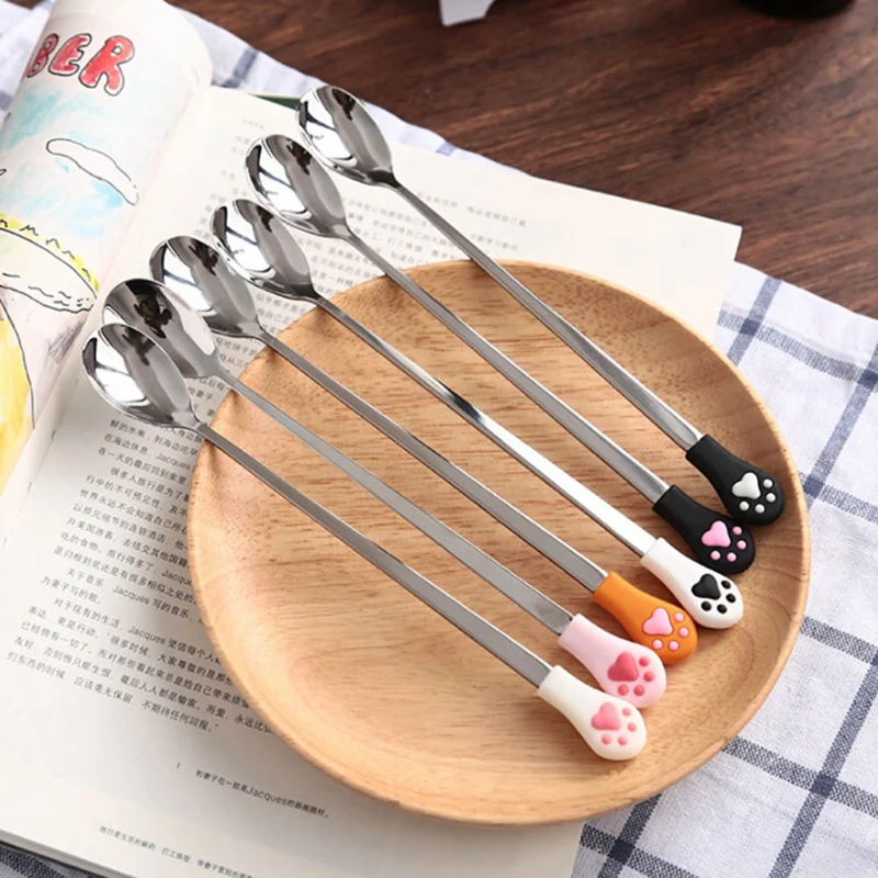 2Pcs Stainless Steel Cute Claw Coffee Spoons Fruit Fork Dessert Spoon Candy Teaspoon Cat Drink Tableware Kitchen Supplies Large
