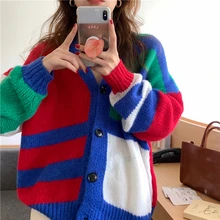 

AOSSVIAO 2021 Autumn Kintted Stitching Color Caidigans for Women Loose Sweater Tops Chic V Neck Knitted Jackets Sweater Coats