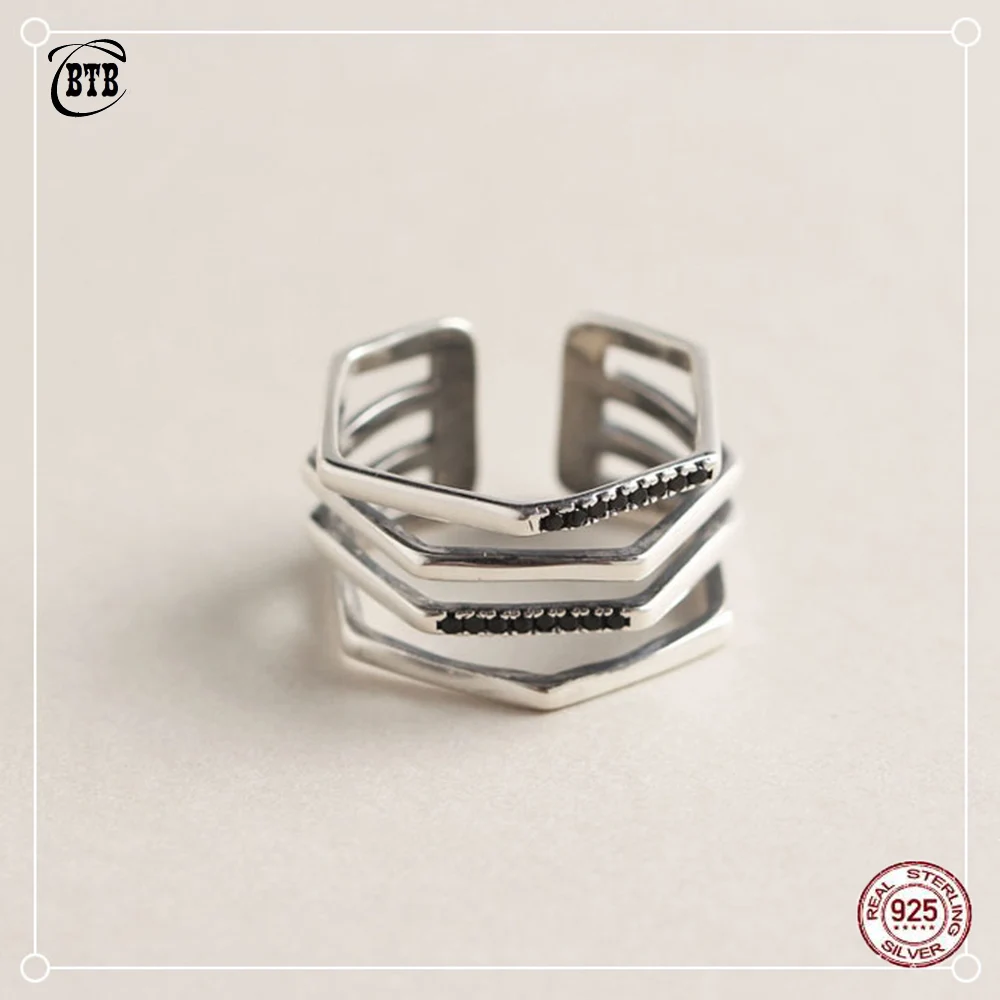 

925 Sterling Silver Vintage Multi-layer CZ Crystal Opening Ring for Women Geometric Knuckle Tail Rings Fashion Jewelry