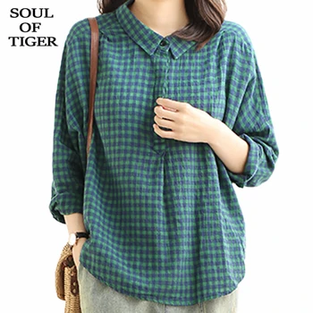 

SOUL OF TIGER 2020 New Spring Korean Style Ladies Loose Tops Womens Plaid Printed Casual Shirts Vintage Cotton Blouses Plus Size