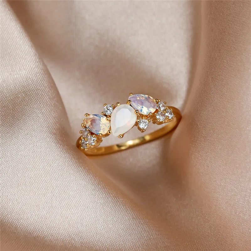 Vintage Female White Crystal Moonstone Jewelry Cute Gold Color Wedding Rings For Women Luxury Engagement Valentines Day Gift wedding rings,womens ring,finger rings,jewelry rings,ring jewelry