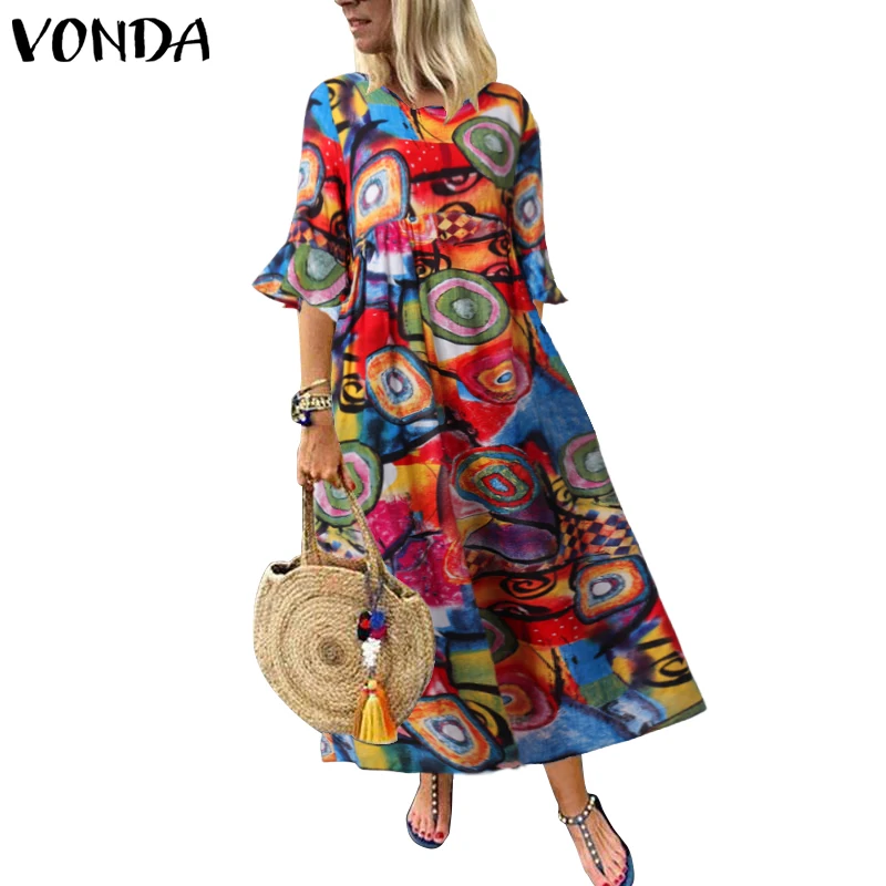 VONDA, женские короткие рукава-фонарики, круглый вырез, вечерние платья, винтажное платье с принтом, свободный праздничный сарафан, 5XL, вечерние платья, Femme Robe