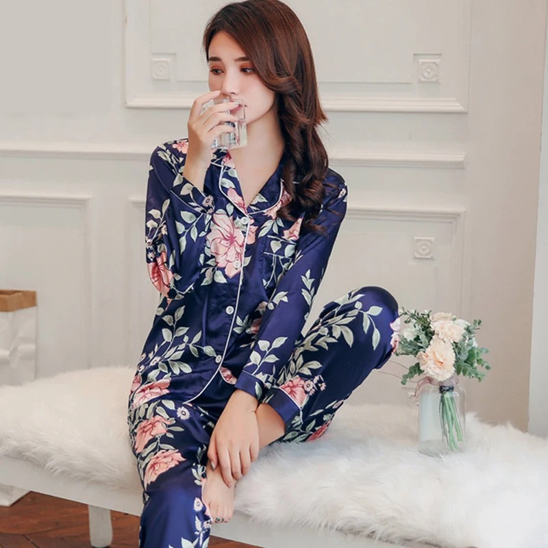 Satin Silk Pajamas for Women's Set pyjama Autumn Spring Long Sleeve Women Nightwear Set Cardigan Plus Size Sleepwear Pijama 2Pcs