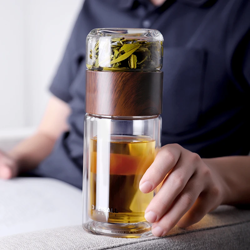 380ml Wood Grain Двухслойная стеклянная бутылка, креативная Высококачественная боросиликатная стеклянная чашка, чайная чашка, разделительная бутылка для воды 320 мл+ 200 мл - Цвет: 380ml Wood Grain