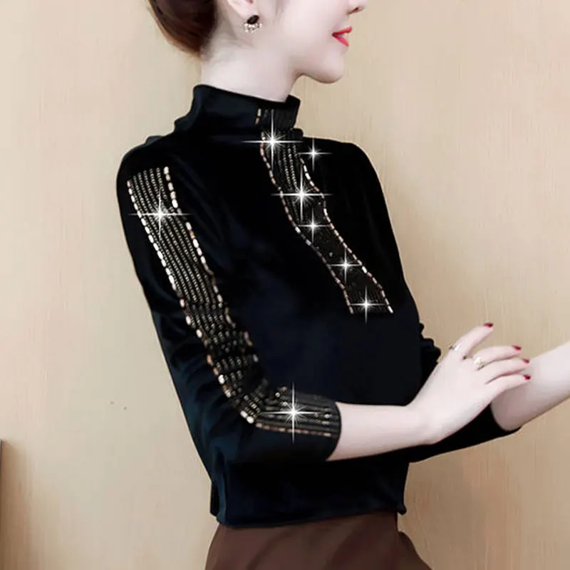 black thin Зимняя женская футболка с высоким воротником, женские Топы Harajuku, яркий пуловер с длинным рукавом для женщин размера плюс, Толстый золотой бархатный топ - Цвет: black thin