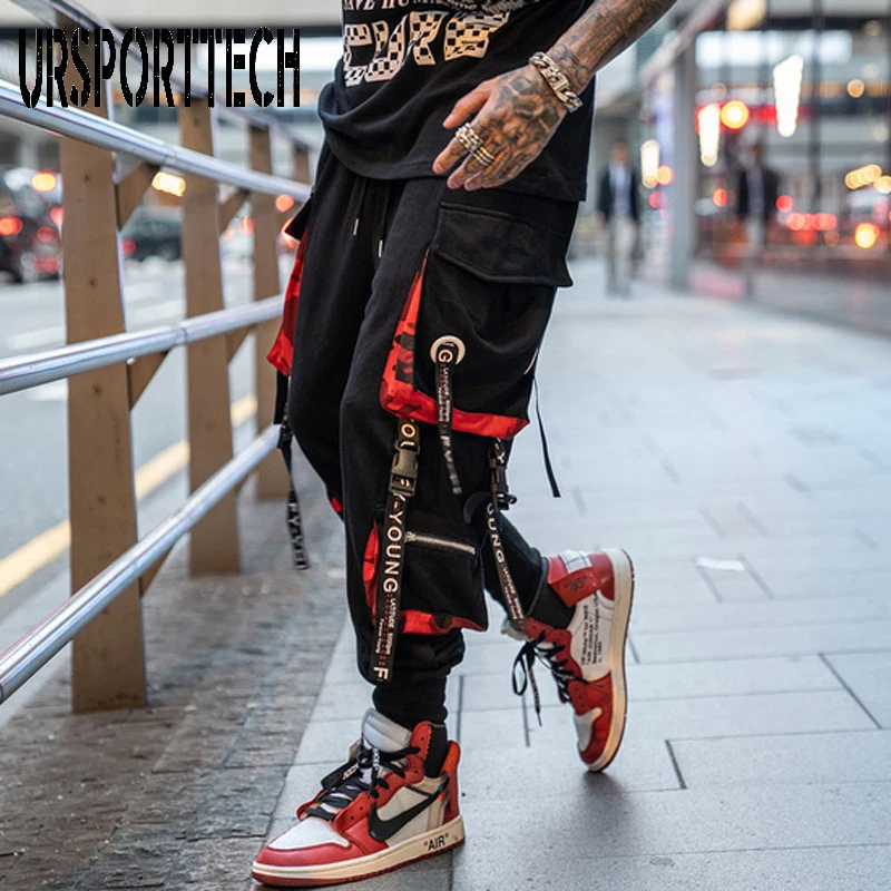 Hip Hop Joggers Men Letter Ribbons Cargo Pants Pockets Track Tactical Casual Techwear Male Trousers Sweatpants Sport Streetwear