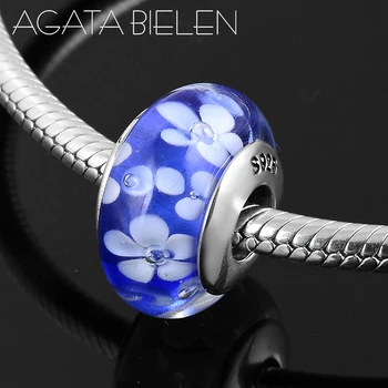 

High Quality Silver 925 Blue white Flower Murano Glass Beads Fit Original Pandora Bracelet Charms Fashion European Jewelry