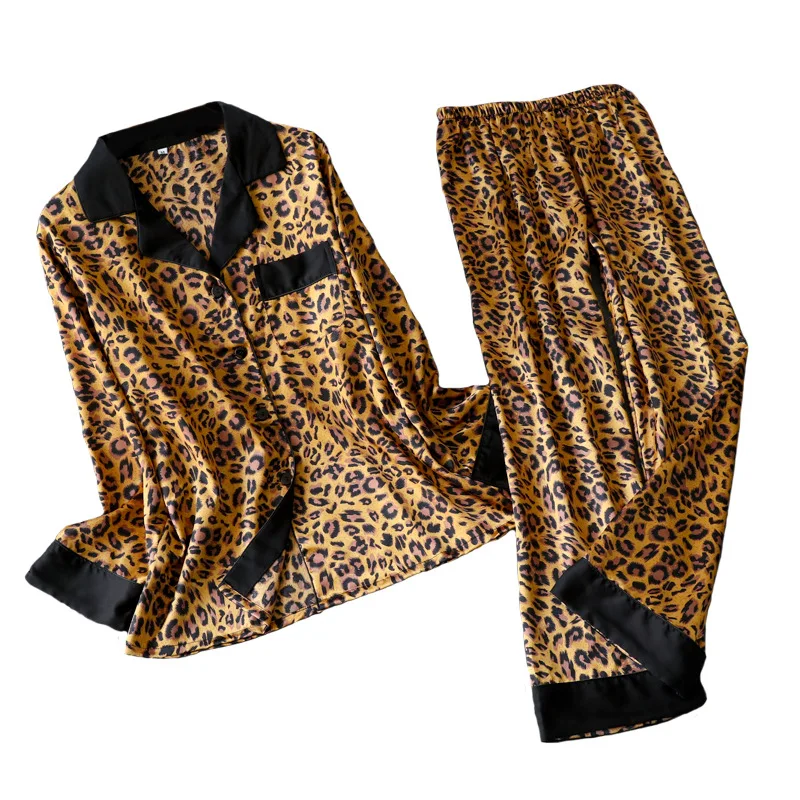 

Leopard Pyjamas Women Stripe Satin Pajamas Sets 2019 New Spring Long Sleeve 2 Pcs Suit Casual Silk Home Clothing Sleepwear