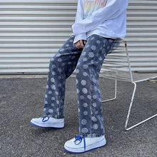 Pantalones vaqueros con cara sonriente para hombre, Jeans rectos, sueltos, Hip hop, moda, otoño e invierno, 2021