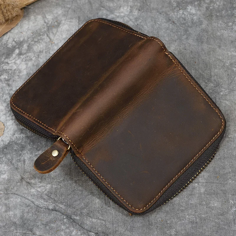 Retro Men's Short Wallet Vintage Cow  Leather Vertical Thin Male Zipper Square Credit Card Holder Small Money Purse Women wallet 6