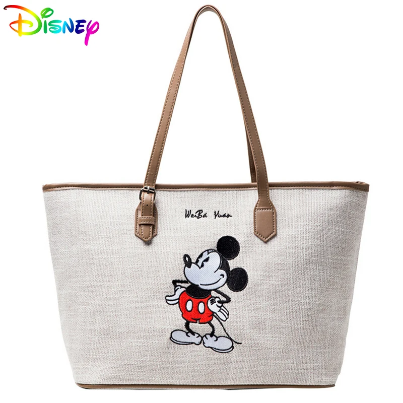 Disney Cartoon Mickey Mouse Embroidery Shoulder Bags For Women Canvas Large Capacity Handbags Girls Fashion Casual Tote Packages