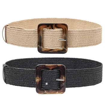 

2 Pcs Woven Belt Buckle Fashion Ladies Casual Belt Ladies Dress Straw Belt, Beige & Black