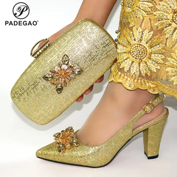 

Fashion Women Gold Color Sandals And Bag Set To Match 9.3cm High Quality African Shoes With Matching Bags For Wedding Party
